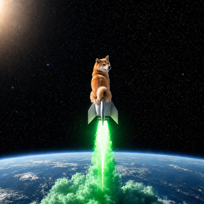 A humorous composite image of a Shiba Inu dog riding a rocket with a bright green exhaust plume, blasting off from Earth into a starry space with a glowing sun.