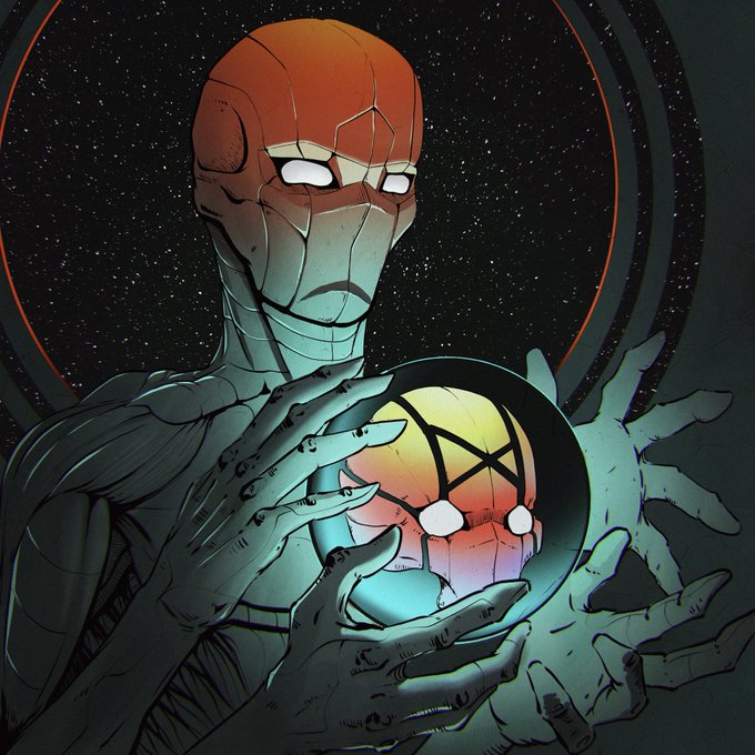 A comic-style illustration of a metallic humanoid figure holding a glowing orb that contains a smaller, colorful version of itself, set against a starry cosmic background.