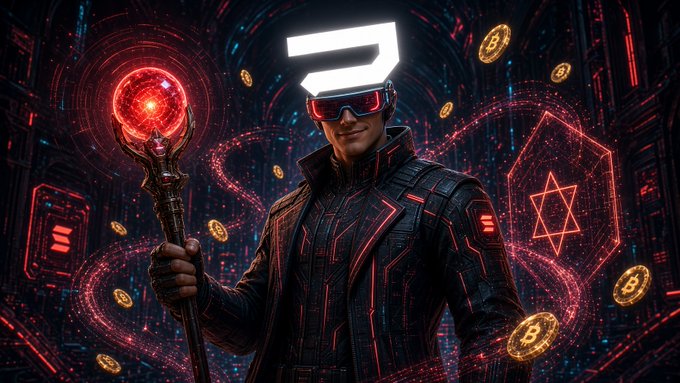 A digital art illustration of a futuristic character wearing red visor sunglasses and dark armor, holding a staff with a glowing red orb, surrounded by floating Bitcoin coins and a holographic hexagram on a red cyberpunk background.