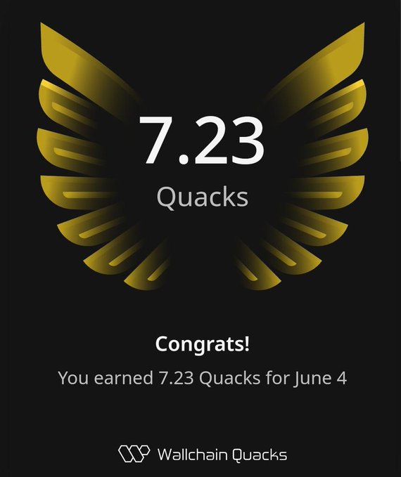 The image features a poster or card that displays a gold bird's wing design along with some text. The text congratulates the user for earning 723 Quacks, which are virtual currency units, over the course of June 4th. The poster also mentions that the user has earned Quacks from @useTria and @wallchain useTria, highlighting their involvement in the cryptocurrency world.