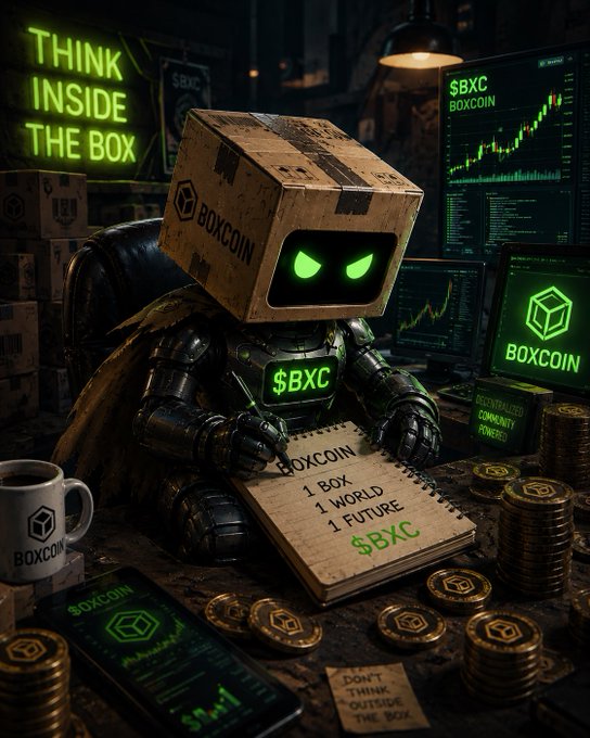 Digital artwork featuring a robot with a cardboard box head displaying 'BOXCOIN' and green glowing eyes, sitting at a desk with monitors showing crypto charts and a notebook reading '1 BOX, 1 WORLD, 1 FUTURE, $BXC'.