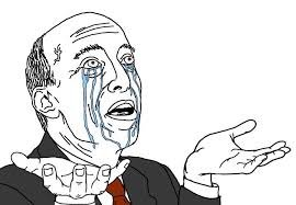 A black and white cartoon illustration of a crying bald man in a suit gesturing with an open hand.