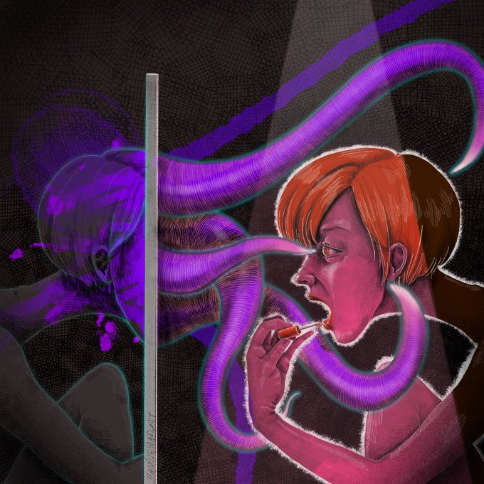 A digital illustration of a woman with short red hair in profile, holding a pill as purple tentacles emerge from her mouth toward a dark, shadowy figure on the left.