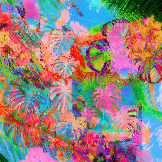 A vibrant, highly saturated digital collage features lush tropical foliage, including monstera leaves and palm fronds, in neon pinks, greens, and blues under a bright sky.