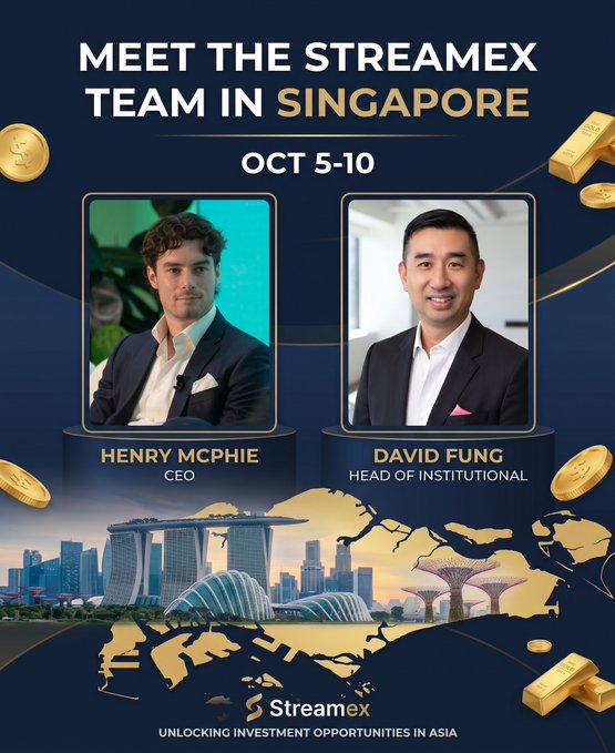 A promotional graphic for Streamex reads 'MEET THE STREAMEX TEAM IN SINGAPORE OCT 5-10' and features headshots of CEO Henry McPhie and Head of Institutional David Fung above a Singapore skyline, with the tagline 'UNLOCKING INVESTMENT OPPORTUNITIES IN ASIA'.