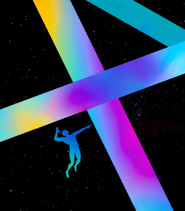 A vibrant digital artwork features a silhouetted figure reaching upward toward colorful intersecting light beams against a starry cosmic background, representing a sold blockchain inscription with the piece transitioning to its new owner's collection.