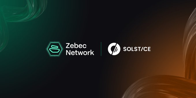 The image displays a partnership announcement featuring the Zebec Network logo alongside the Solstice (SOLST/CE) logo, set against a dark gradient background with green and orange abstract design elements. The visual supports the post's announcement of Zebec integrating Solstice's USX stablecoin to enable yield generation on enterprise payroll balances.