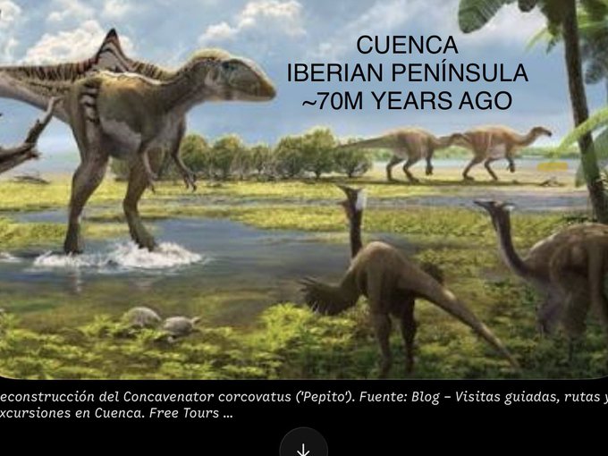 An illustrated reconstruction of prehistoric Cuenca on the Iberian Peninsula approximately 70 million years ago, featuring dinosaurs including the newly described Concavenator corcovatus ('Pepito').