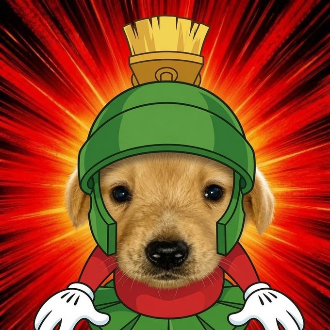 A golden retriever puppy wearing a green Spartan-style helmet with a golden plume stands against a dramatic red burst background, with white cartoon hands and a red scarf visible. The image plays on the post's "MARVIN" and "MARS" references, depicting the dog as a warrior ready to launch to Mars as a reward to fellow token holders.