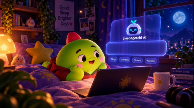 A digital illustration of a cute green alien-like character on a bed using a laptop displaying 'Sleepagotchi AI' with tabs for Sleep, Nutrition, Fitness, and Wellness, alongside a 'Good Sleep Brighter Days' poster.
