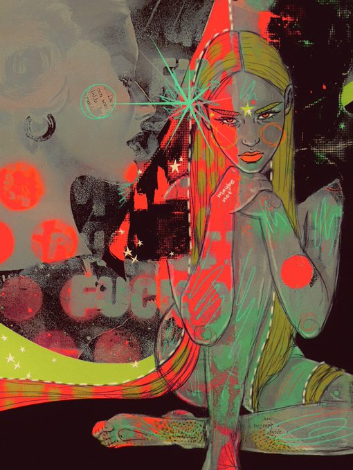 A vibrant cyberpunk-style illustration of a red-haired woman with glowing green accents, stars, and abstract elements in red, green, and gray tones, with the partial text "such" visible.