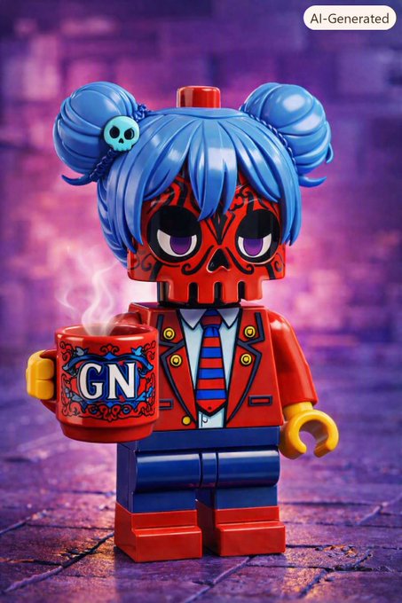 A LEGO-style figure with a red skull face, blue hair buns with skull accessories, wearing a red jacket and blue tie, holding a red mug with "GN" written on it, with "AI-Generated" text in the corner.