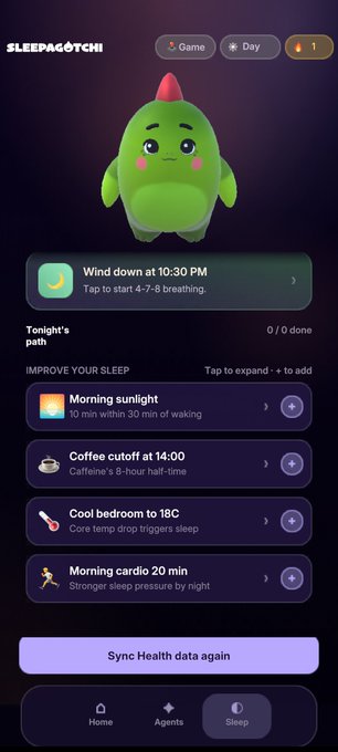 A mobile app interface for 'SLEEPAGOTCHI' featuring a green dinosaur character and sleep improvement options including 'Wind down by 10:30 PM', 'Morning sunlight', 'Coffee cutoff at 14:00', 'Cool bedroom to 18C', and 'Morning cardio 20 min'.