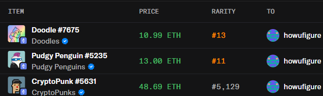 Screenshot of an NFT marketplace listing showing transactions to user 'howufigure' for Doodle #7675 (10.99 ETH, Rarity #13), Pudgy Penguin #5235 (13.00 ETH, Rarity #11), and CryptoPunk #5631 (48.69 ETH, Rarity #5,129).