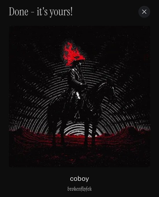 Album or track cover art titled 'coboy' by 'brokenflybek' showing a dark figure on horseback with a fiery red head against a black and white circular background, with 'Done - it's yours!' text at the top.