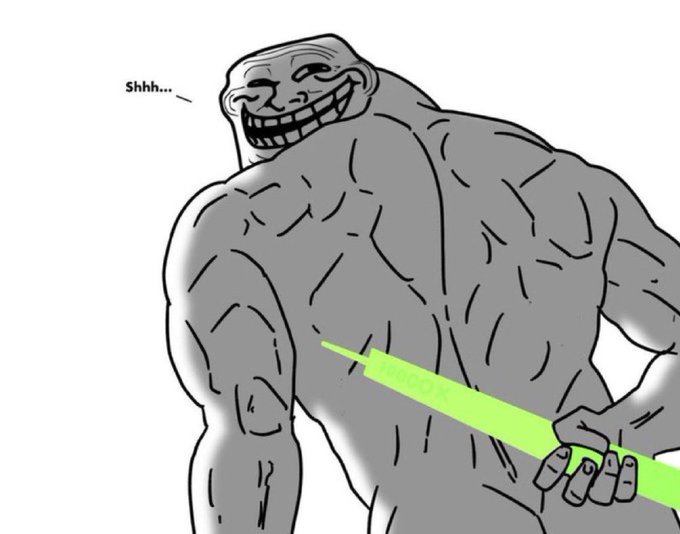 The image features a cartoon depiction of a muscular man with a large back, holding a green object that appears to be a toothbrush or a similar item. The man has a big smile on his face as he poses for the picture. The caption at the bottom of the image reads "When they least expect it. $TROLL". This phrase is likely a reference to the popular meme about the man's facial expression, which became well-known in recent years due to its humorous and relatable nature.