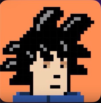 A pixel art illustration of a person with voluminous black hair on an orange background.