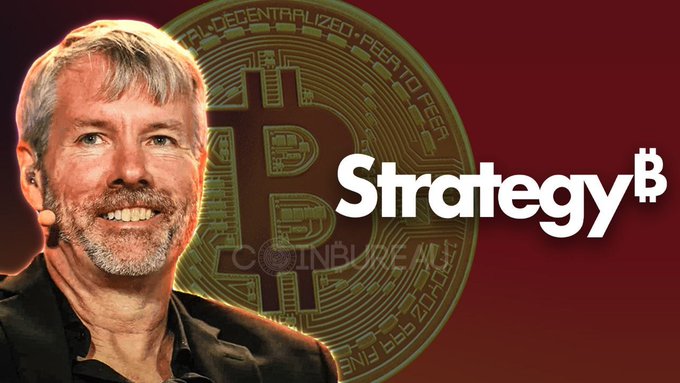 A graphic features a smiling man with gray hair and beard alongside a large Bitcoin coin, with the 'Strategy' logo and the text 'COINBURGER' visible against a dark red background.