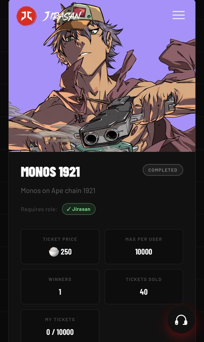A mobile app screen for 'JIRASAN' showing a Monos 1921 ticket lottery with ticket price of 250 and 40 tickets sold, featuring JoJo's Bizarre Adventure artwork.