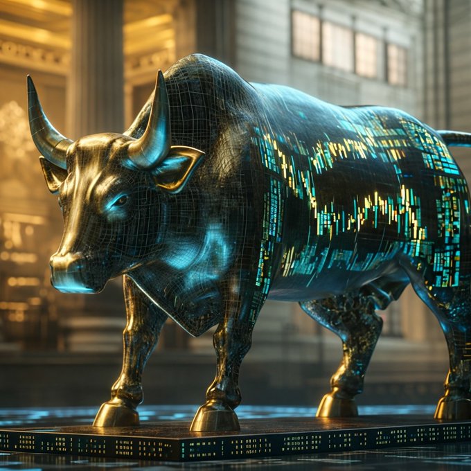 A metallic bull statue overlaid with glowing stock market charts stands as a symbol of bullish momentum, visually representing the positive sentiment behind US spot Bitcoin ETFs pulling in nearly $3B over seven straight trading days and flipping 2026 net flows positive for the first time since May.