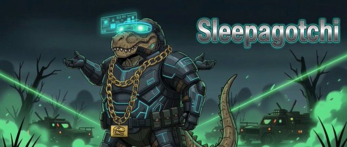 A digital illustration of a reptilian humanoid character in futuristic black armor wearing a gold chain with a 'Sleepagotchi' pendant and glowing blue visors, standing in a dark, post-apocalyptic landscape with the text 'Sleepagotchi' and a sleeping icon.
