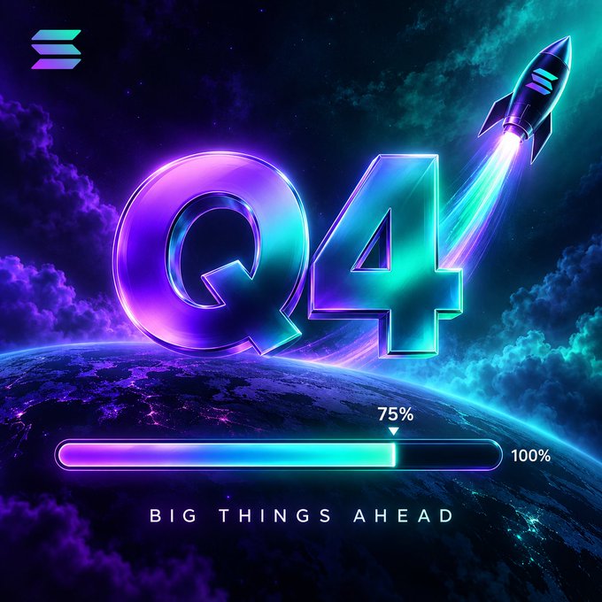 A vibrant digital graphic features the text 'Q4' with a rocket launching, a progress bar at 75% indicating '100%', and the tagline 'BIG THINGS AHEAD' set against a view of Earth from space.