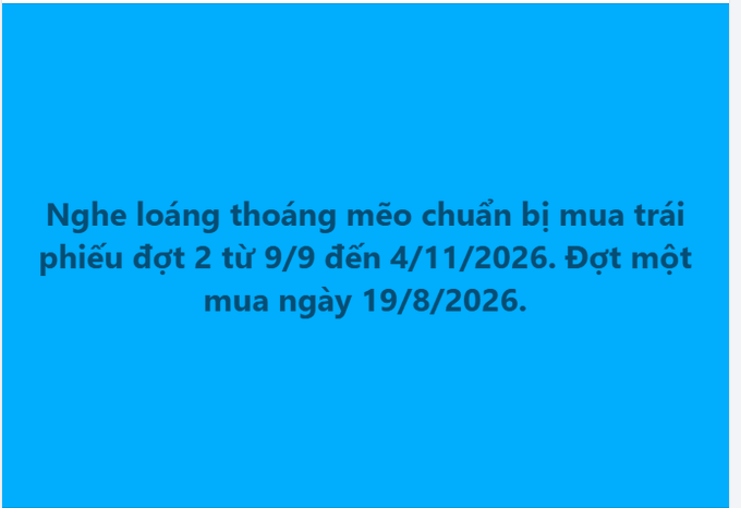 A blue background with Vietnamese text: "Nghe loăng thoảng mèo chuẩn bị mua trái phiếu đợt 2 từ 9/9 đến 4/11/2026. Đợt một mua ngày 19/8/2026."