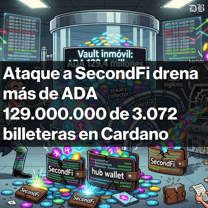 The image shows a cartoon scene of a man holding a wallet, with a large amount of money inside. The text in the image reads "Ataque a SecondFi: 129 millones de ADA drenados Más de 3.072 billeteras en Cardano fueron afectadas entre el 21 y 23 de junio de 2026." This suggests that there is an advertisement for a cryptocurrency called SecondFi, which has been affected by a hack or phishing attack. The money inside the wallet represents the stolen funds from the cryptocurrency exchange.