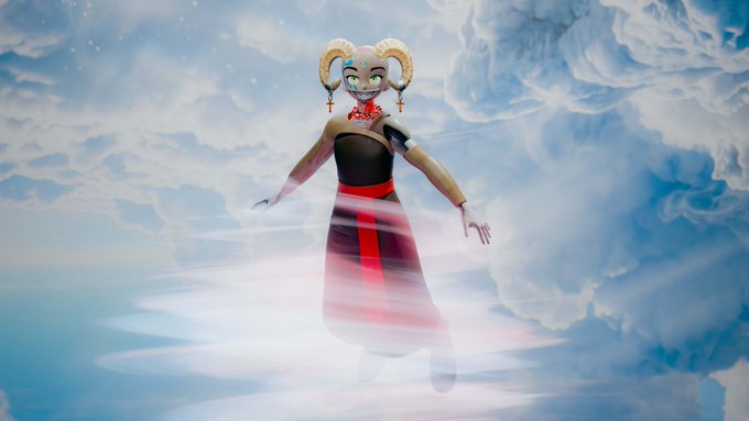 A 3D rendered character with ram-like horns and a flowing skirt floating amid clouds in a bright blue sky.