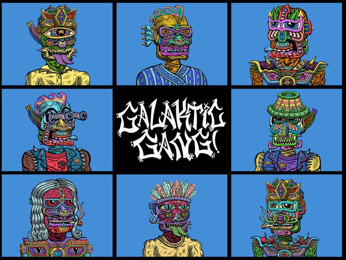 An album cover displays nine colorful, intricately illustrated tiki-style mask characters arranged in a grid on a blue background, with the title 'GALACTIC GANGST' in stylized white text in the center.