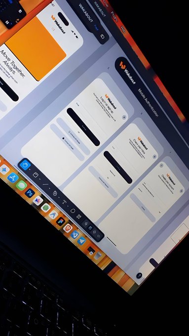 A laptop displays a Work in Progress (WIP) design for "Walkabout," a mobile app for travelers, showing interface mockups with notification cards, navigation elements, and various icons. The "WIP" tag reflects the unfinished state of the user interface design being actively developed on screen.