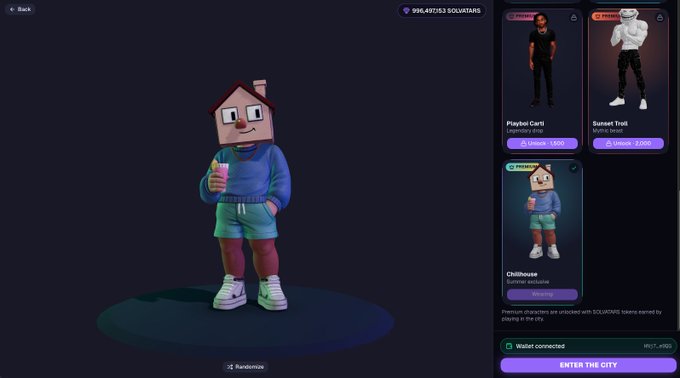 The image shows a screen displaying a 3D rendering of a character named "Chill House" wearing blue shorts and holding a drink. The character is standing on a platform with purple text that reads "Focus on what is in the image and how it relates to the post". Below this, there are two other characters displayed: one dressed as a mannequin and another as a person. The screen also shows a list of new characters available for purchase, including the character "Chill House" and a troll named "Troll". The text on the screen indicates that these characters can be bought for 2,500 Solvatars.