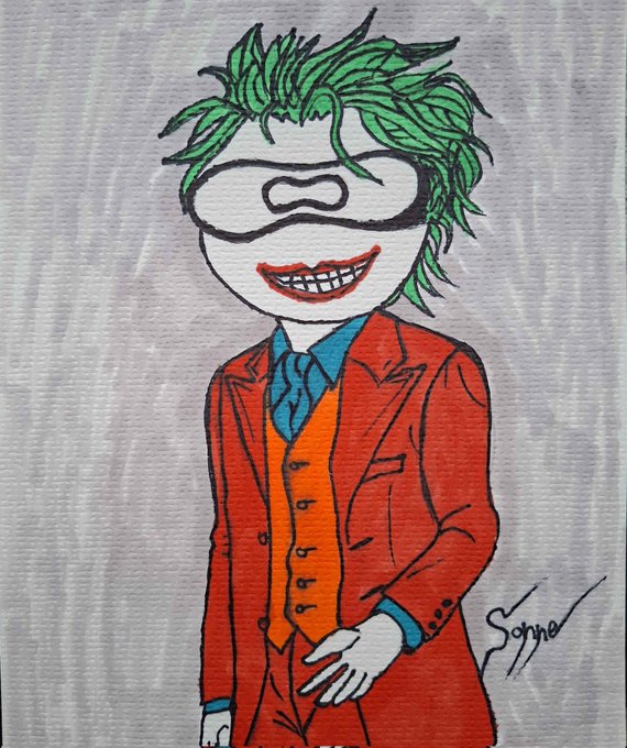 A hand-drawn marker illustration of a smiling figure with green spiky hair, a black domino mask, and a red suit with orange vest, signed 'Sophie' in the corner.
