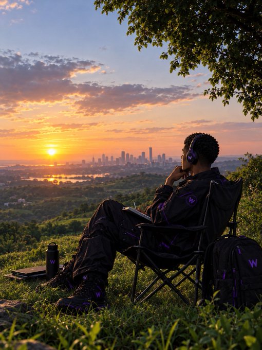 A person wearing headphones and black clothing with purple accents sits in a camping chair overlooking a city skyline at sunset.
