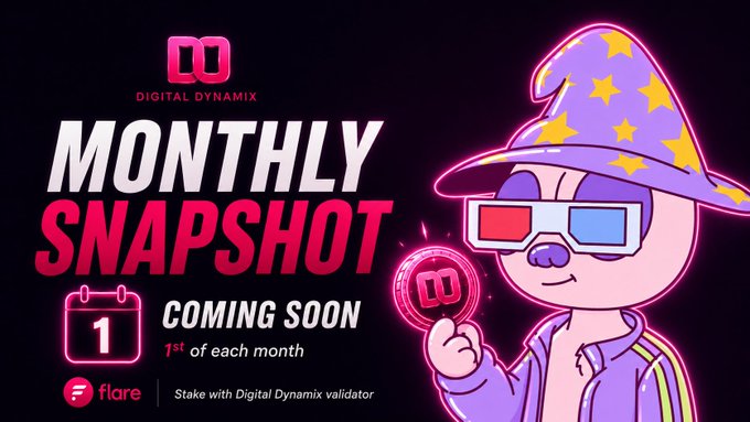 A promotional graphic for 'DIGITAL DYNAMIX' announcing a 'MONTHLY SNAPSHOT COMING SOON 1st of each month' featuring a cartoon character in a wizard hat and 3D glasses holding a coin, with 'flare' branding at the bottom.