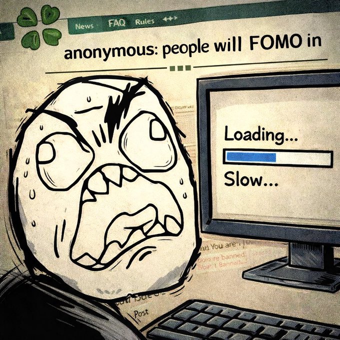 A distressed rage comic character sweating and looking panicked at a computer monitor showing a 'Loading... Slow...' progress bar, with text above reading 'anonymous: people will FOMO in'.