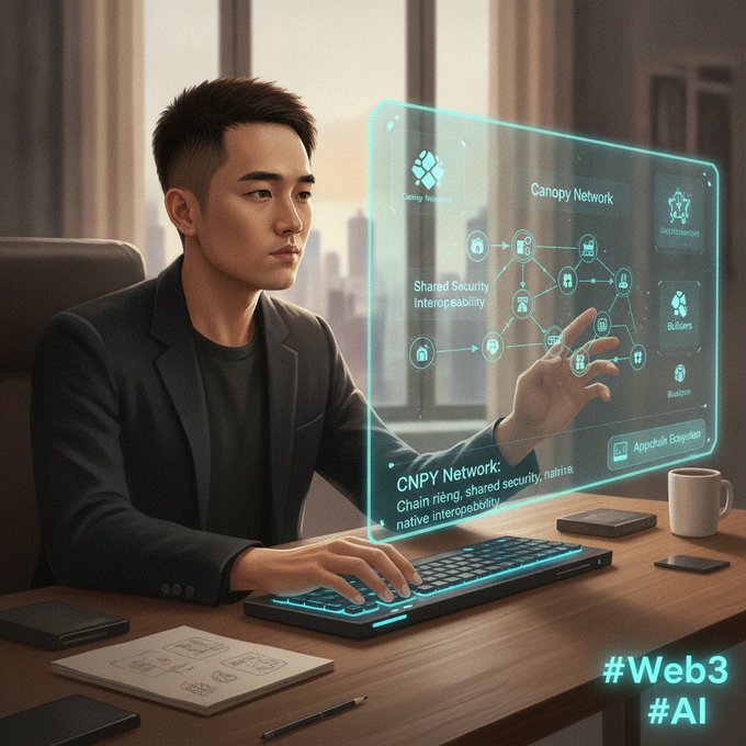 AI-generated illustration of an Asian man in a blazer interacting with a holographic 'Canopy Network' interface showing CNPY Network details, tagged #Web3 #AI.