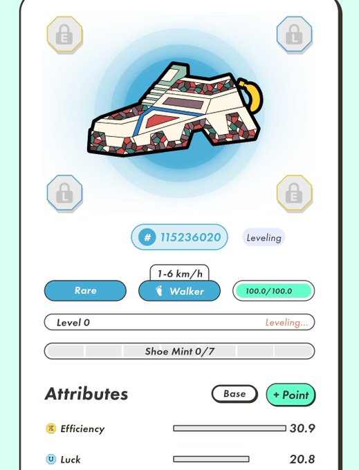 STEP'N app screenshot showing a Rare sneaker NFT at Level 0 (Leveling) with Walker type, Efficiency 30.9 and Luck 20.8 attributes, and Shoe Mint 0/7.