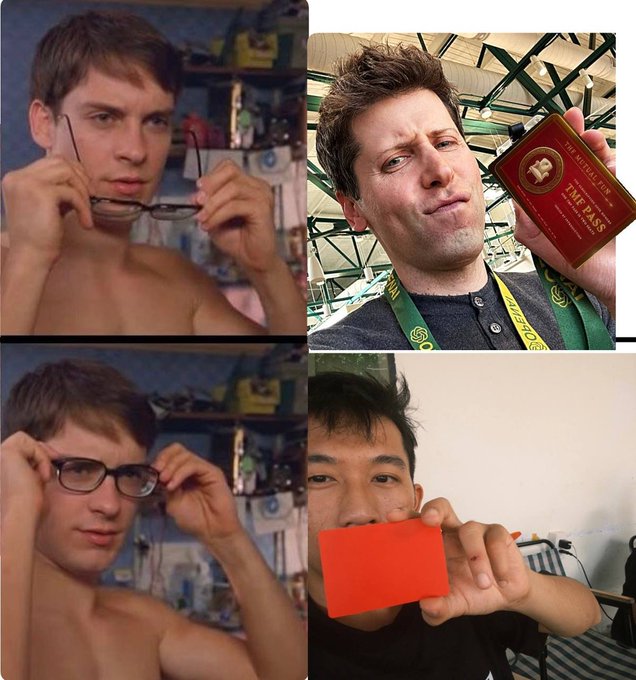 A four-panel collage showing people holding up items: a young man with glasses, a man displaying a 'Republic of the Philippines Time Pass' document, another shot of the young man, and an Asian man holding an orange card.