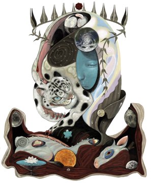 Surreal digital artwork featuring a stylized figure with a tall crown, depicting an abstract face with cosmic and aquatic elements alongside a white tiger, set against a background of large eggs or shells.