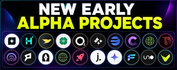 Promotional banner titled 'NEW EARLY ALPHA PROJECTS' featuring two rows of circular crypto project logos on a dark background.