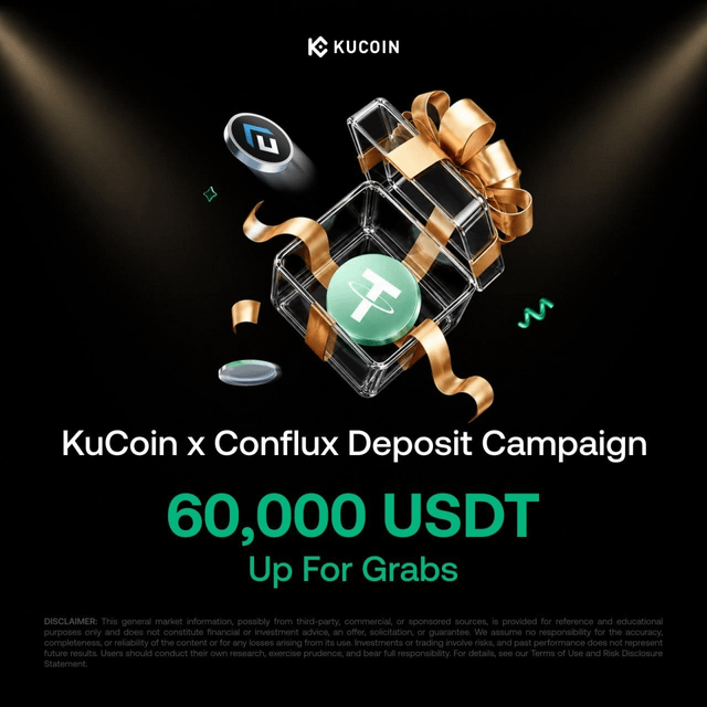 A KuCoin x Conflux Deposit Campaign promotional graphic advertising 60,000 USDT up for grabs, featuring a transparent gift box with a green USDT coin and a gold ribbon.