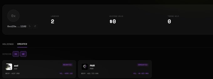 A dark-themed cryptocurrency dashboard showing a wallet with 2 launches, $0 holdings value, and 0 tokens held, with listed coins 'awd' and 'PAIR' both marked as 'SIGNATURED'.