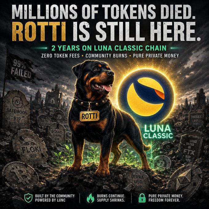 A promotional graphic featuring a Rottweiler dog wearing a 'ROTTI' tag, standing amidst gravestones labeled with dead crypto tokens like Safemoon, Squid Game, Floki, and Terra USD, with text 'MILLIONS OF TOKENS DIED. ROTTI IS STILL HERE. 2 YEARS ON LUNA CLASSIC CHAIN'.