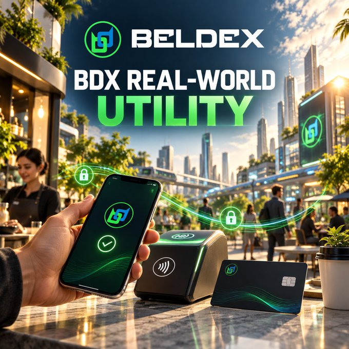 An advertisement for 'BELDEX BDX REAL-WORLD UTILITY' shows a hand holding a smartphone displaying the Beldex logo, with a payment terminal and a Beldex-branded card in the foreground, set against an urban backdrop.