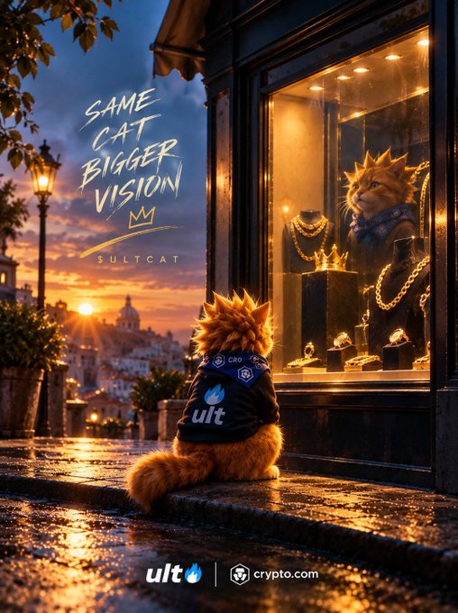 An advertisement showing an orange cat wearing a hoodie labeled 'ult' looking at a jewelry store display, with text 'SAME CAT BIGGER VISION' and logos for 'ult' and 'crypto.com'.