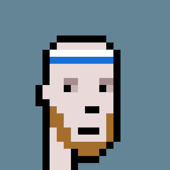 A pixel art portrait of a character with a blue headband, a beard, and a neutral expression on a solid blue background.