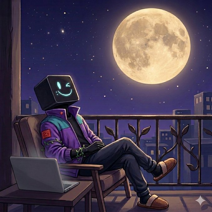 A digital illustration depicts a character with a CRT monitor for a head displaying a cyan smiling face, sitting on a balcony chair under a large full moon with vines growing on its body.