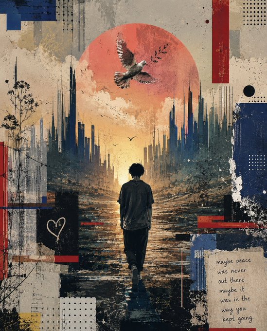 A mixed-media collage illustration depicting a boy walking away toward a city skyline under a large red moon with a flying bird, featuring the handwritten text 'maybe peace was never out there maybe it was in the way you kept going'.