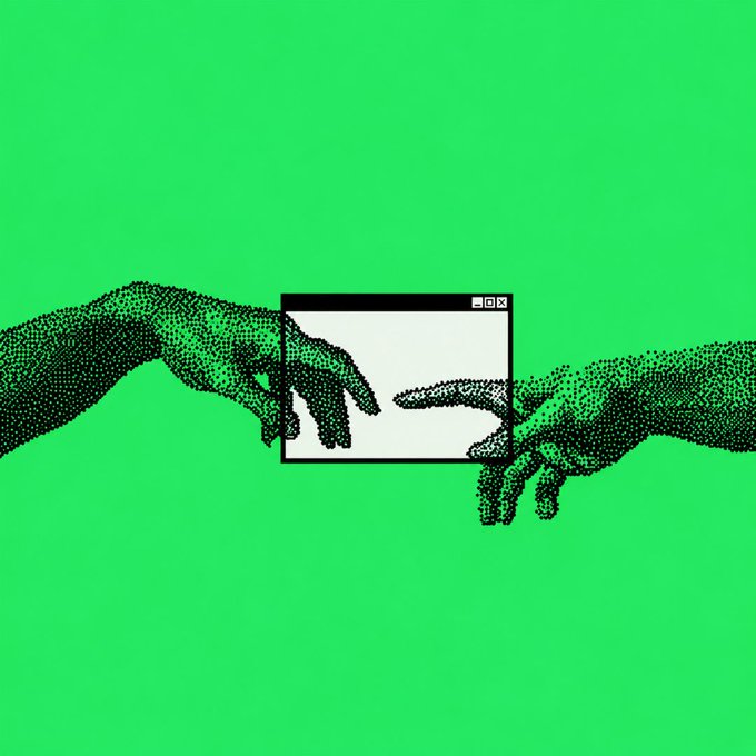A stylized illustration features two green halftone-textured hands reaching toward each other across a computer window interface, recreating Michelangelo's iconic "Creation of Adam" pose in a digital, crypto-themed setting that symbolizes digital creation and connection for the Ramp Network promotion.